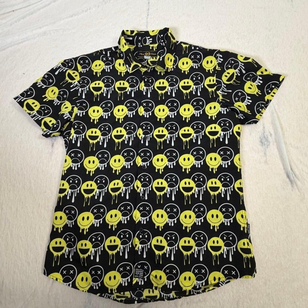 Phat Farm Smiley Face Button Up Shirt Mens Large Black Yellow Graphic